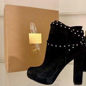 Women's Black Suede Ankle Boots Gold Studded with Tassels 7.5